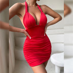 Summer Deep V-neck Halter Lace-up Backless Pleated Dress
