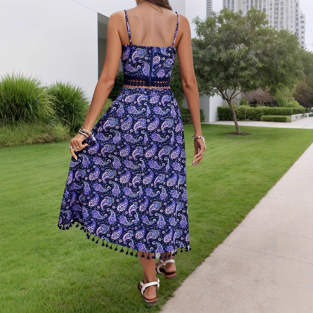 Printed Skirt Set Vacation Bohemian Backless Sexy SL