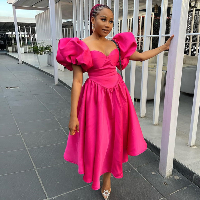 Square-Neck Puff-Sleeve Waist Dress