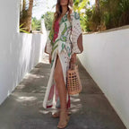 Long Sleeve Holiday Floral Print Long Sleeve Cardigan Lace-Up Dress