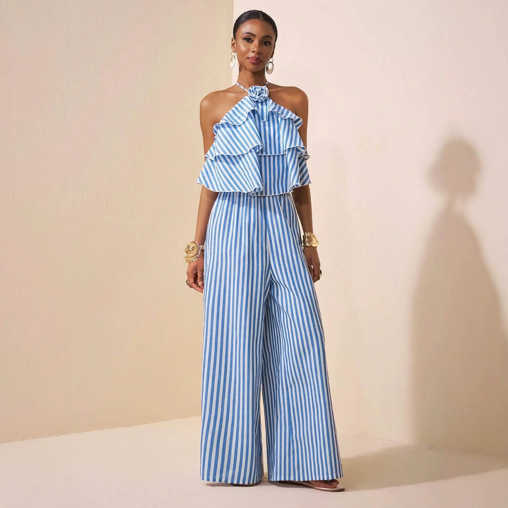 Elegant Office Lace up Halterneck Backless Striped Jumpsuit
