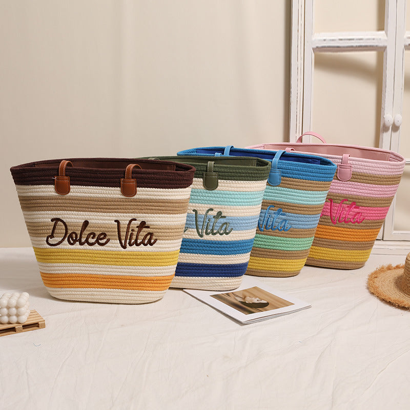 Letter-Embroidered Straw Tote Bag