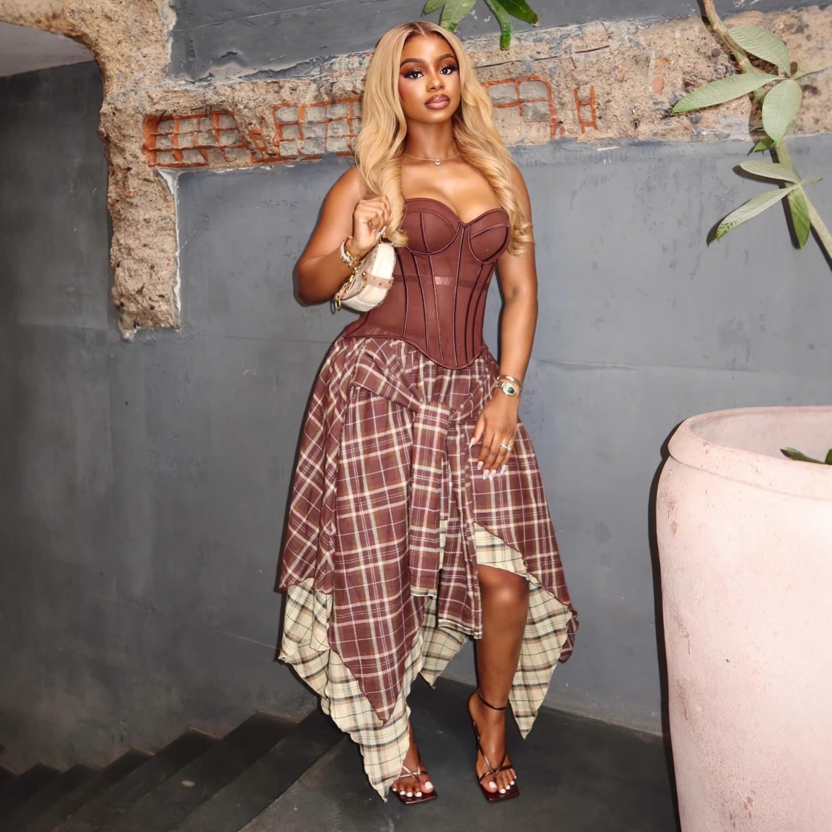 Women Clothing Summer Elegance Retro Plaid Irregular Asym