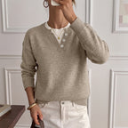 Women Faux Two Piece Half Open Button Knitted Sweater