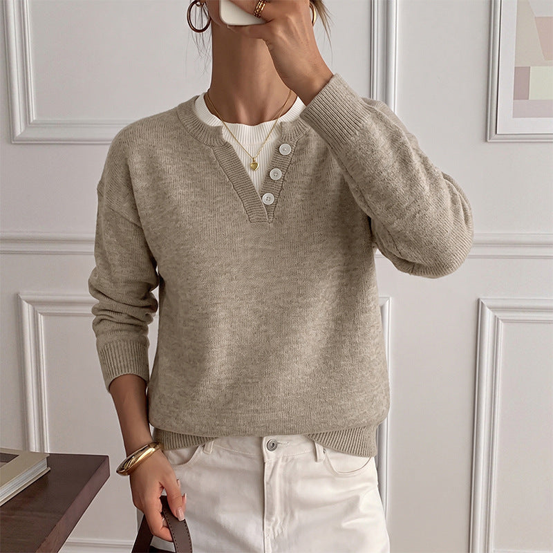 Women Faux Two Piece Half Open Button Knitted Sweater
