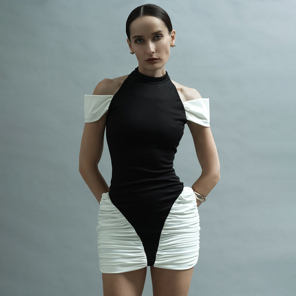 Women's Summer Color Contrast Patchwork Hourglass Pleated Halter Dress Sleeveless