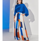 Women's Clothing Loose Office Blue Top High-Waisted Wide Leg Pants Sets