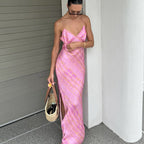 Printed V neck Suspender Side Slit Backless