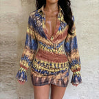 Women's Printed Collared Long Sleeve Bodycon Mini Dress