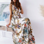 Women's Summer Deep V Plunge Sexy Seamless Print Lace Up Swing Maxi Dress