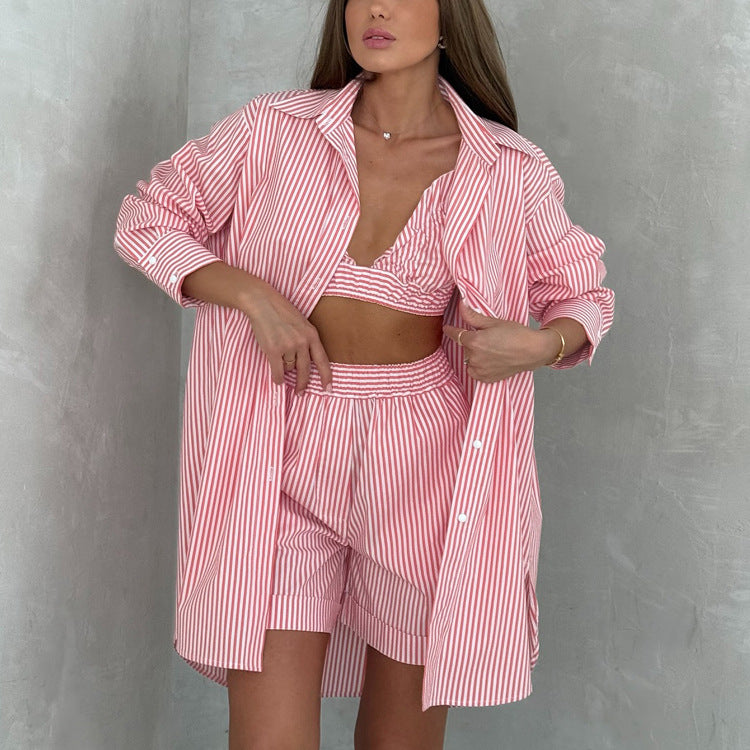 Striped Long Sleeved Collared Shirt Tube Top Shorts Three Piece Sets Casual Women Clothing