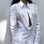Spring Summer White Office Pleated A Line Dress Collared Long