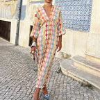 Elegant Printed Mid Length Elegant V-Neck Lantern Half Sleeve Dress