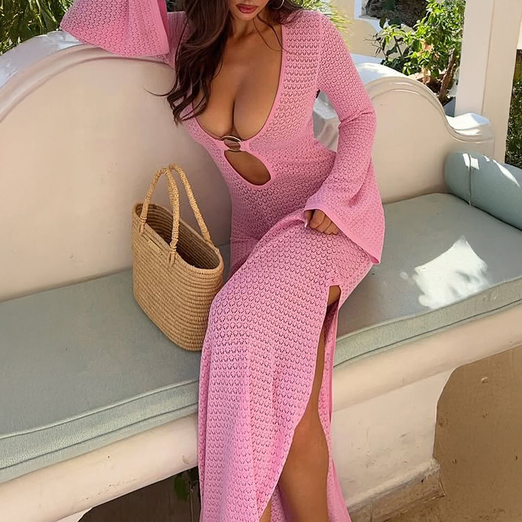 Women's Deep-V Cutout Long-Sleeve Maxi Dress