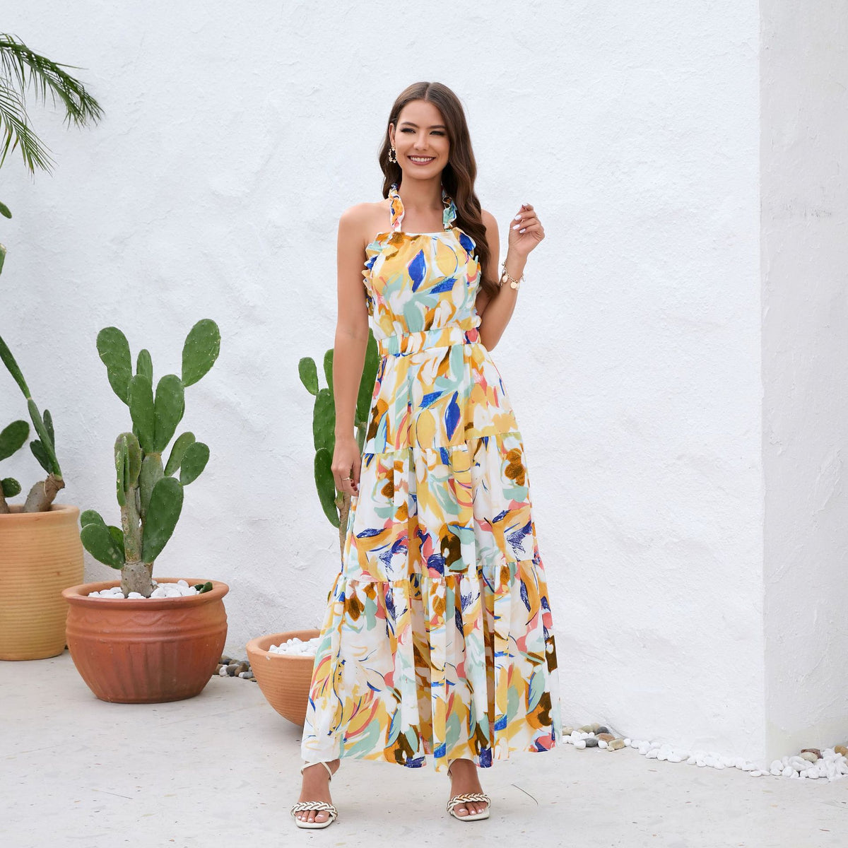 Women's Printed Halter-Neck Ruffle Dress