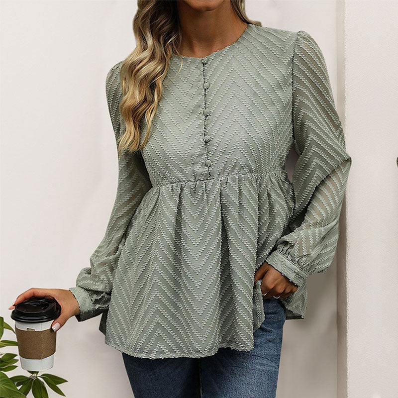 Women's Textured Jacquard Button Shirt – Long-Sleeve Collared Blouse