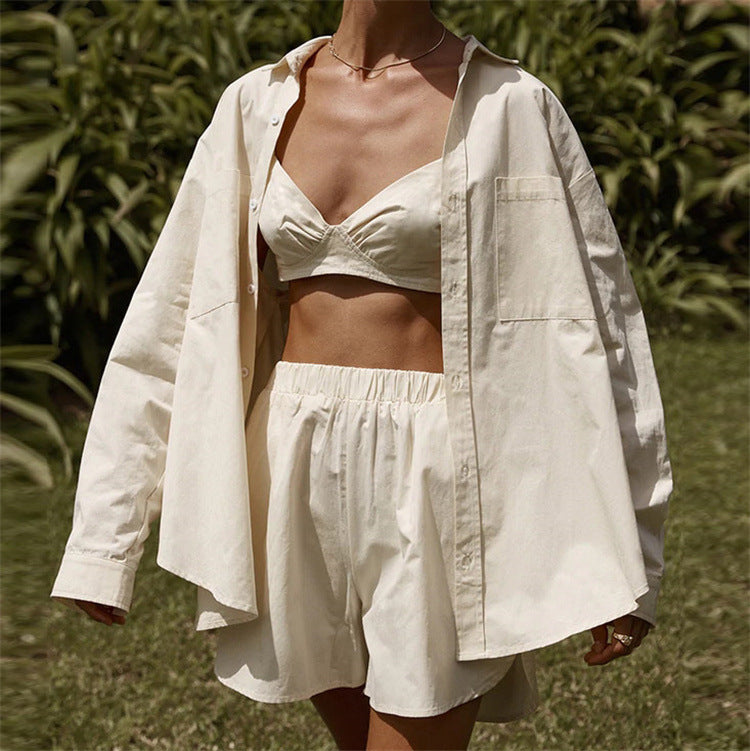 Women's Summer Three-Piece Striped Single Breasted Long-Sleeve Collared Shirt Shorts Casual Set