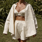 Women's Summer Three-Piece Striped Single Breasted Long-Sleeve Collared Shirt Shorts Casual Set