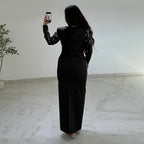 Rhinestone Beaded Long Sleeve Slit Maxi Dress