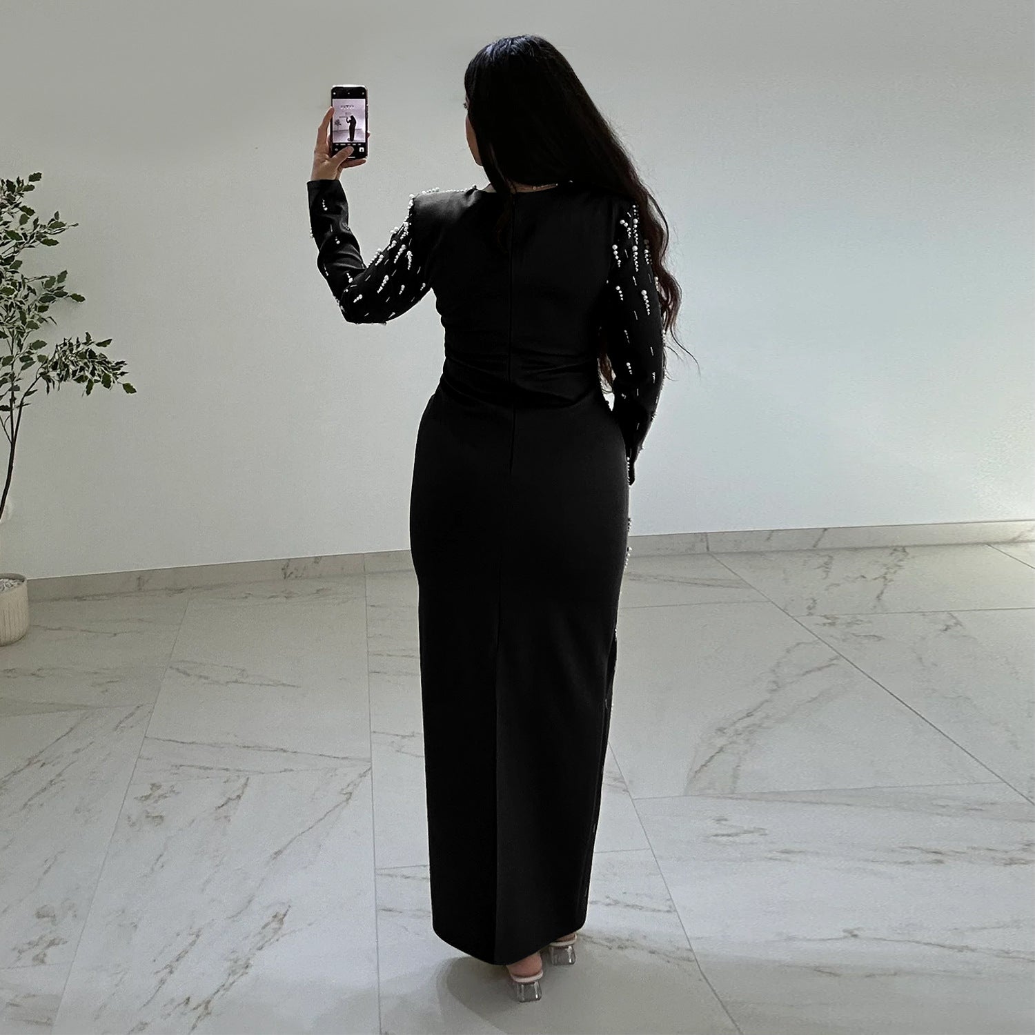 Rhinestone Beaded Long Sleeve Slit Maxi Dress
