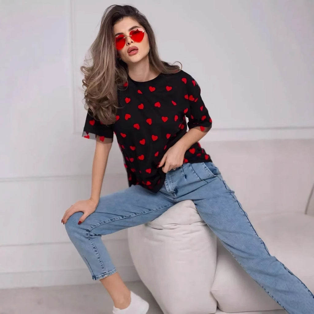 Women's Sexy Women Clothing Love Mesh Stitching Loose Basic Round Neck Short Sleeve T Shirt