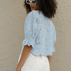 Embroidery Short Shirt Flared Sleeves Cropped Exposed Shirt Top