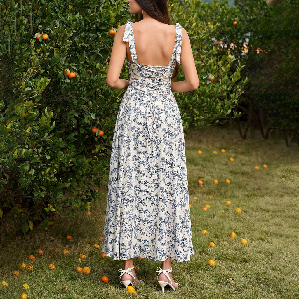 Women's Printed Sweetheart Lace-Up Boned Maxi Dress