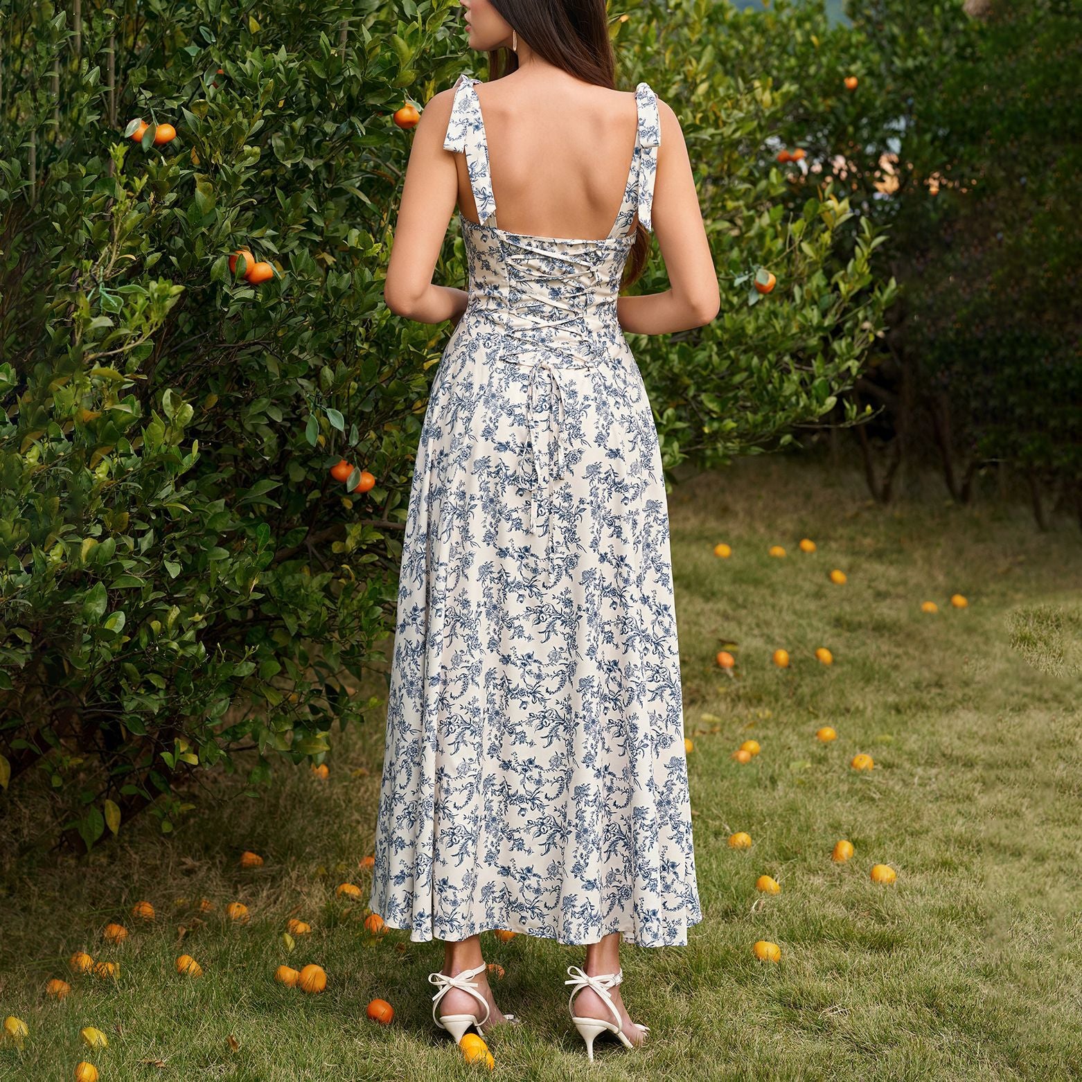 Women's Printed Sweetheart Lace-Up Boned Maxi Dress
