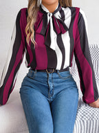 Women's Real Shot Spring Summer Elegant Contrast Color Striped Lace Up Lantern Sleeve Chiffon Shirt Top Women Clothing