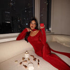 Red Scarf-Detail Crew-Neck Long-Sleeve Bodycon Maxi Dress