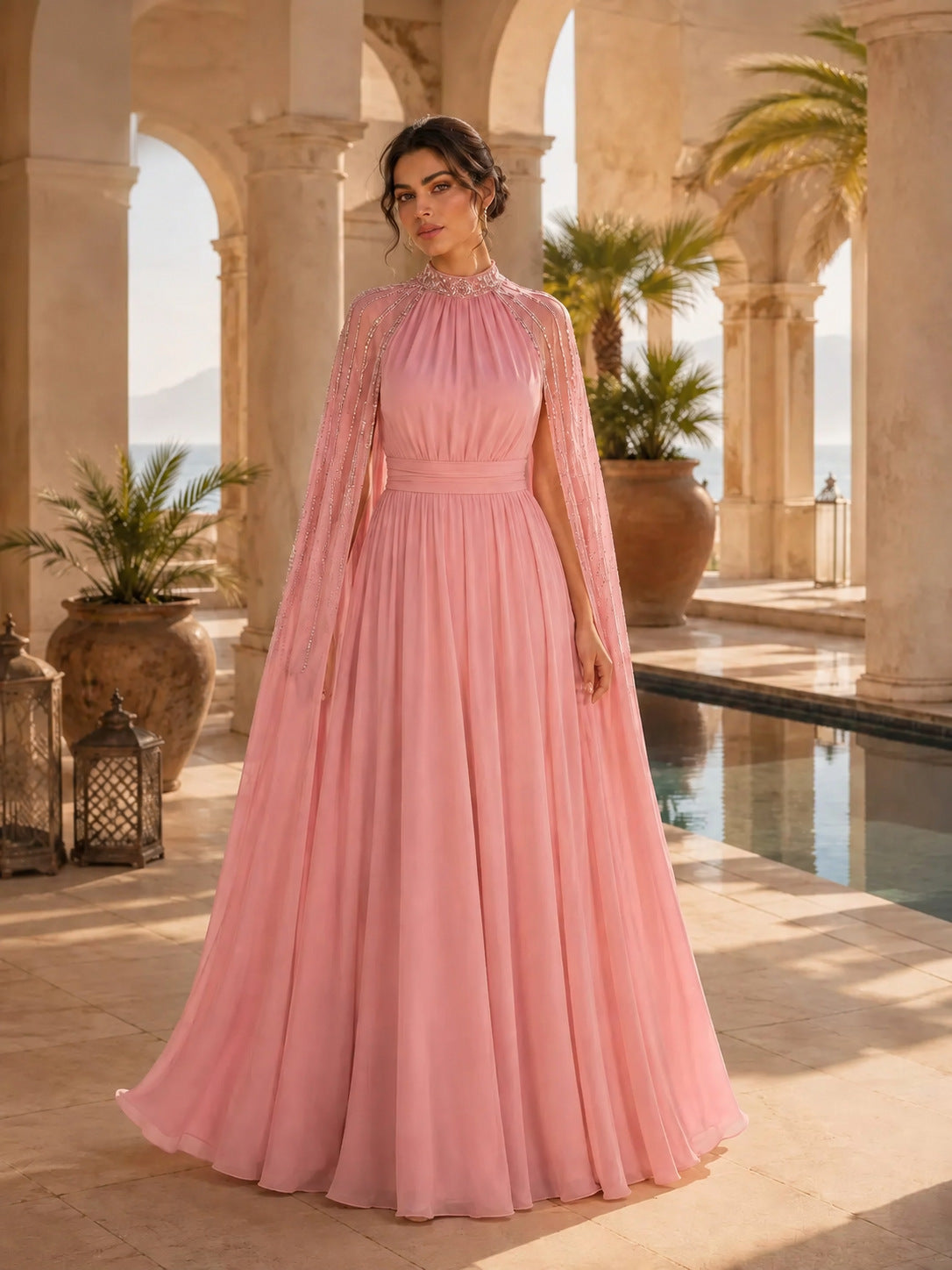 Chiffon Rhinestone Evening Dress with Shawl