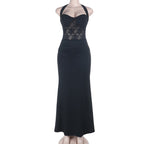 Black halter lace dress on mannequin with sleeveless fitted long silhouette