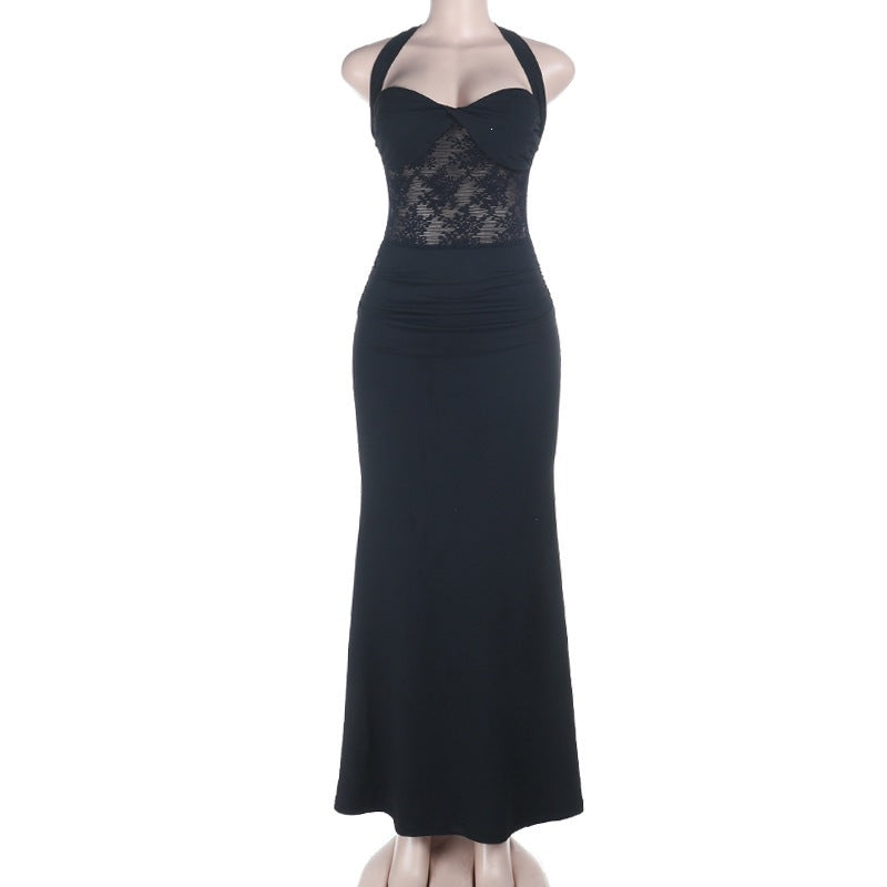Black halter lace dress on mannequin with sleeveless fitted long silhouette