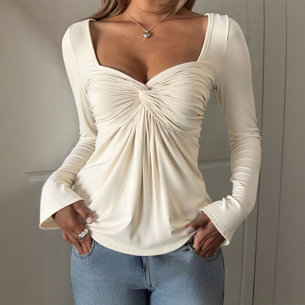 Women's Fall Winter Women V Neck Long Sleeve Elegant Casual T Shirt Solid Color Pullover Ruffle Top