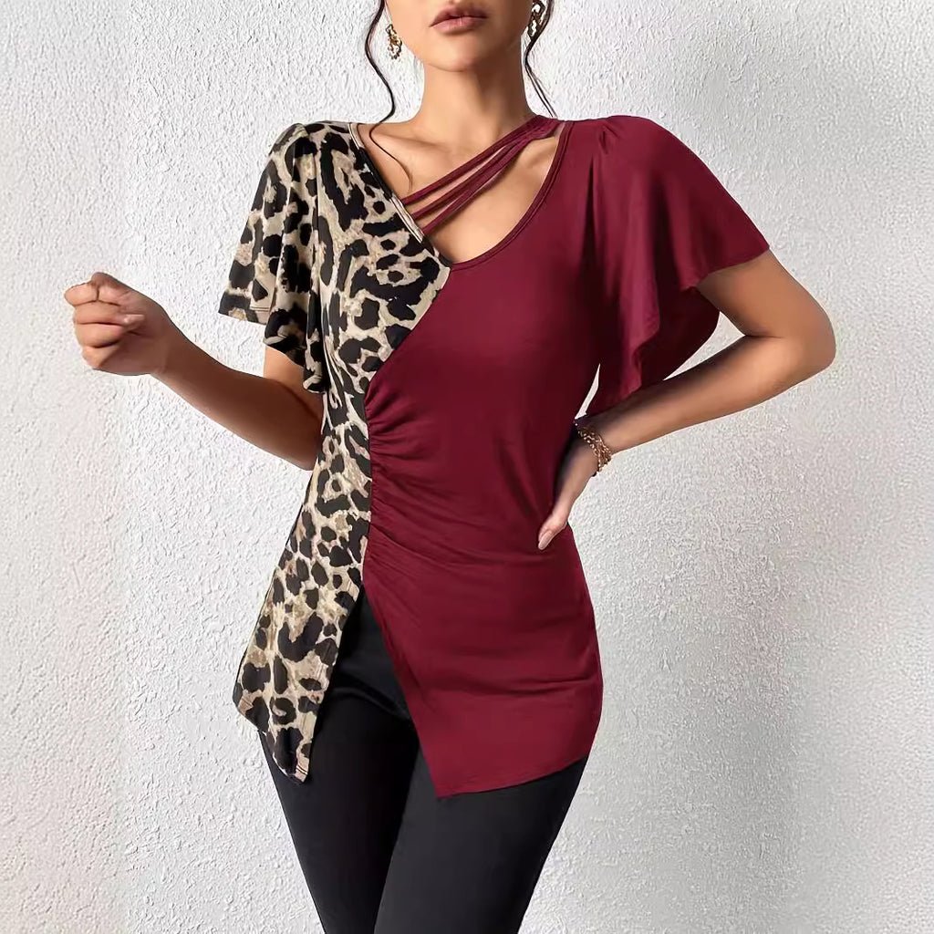 Women's Popular Leopard Print Asymmetric Collar Butterfly Sleeve Patchwork Top Women