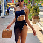 Womens black one-piece swimsuit with white straps and sheer mesh overlay