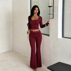 Women's Burgundy Lace Halter Long Sleeve Short Top High Waist Bootcut Pants Set