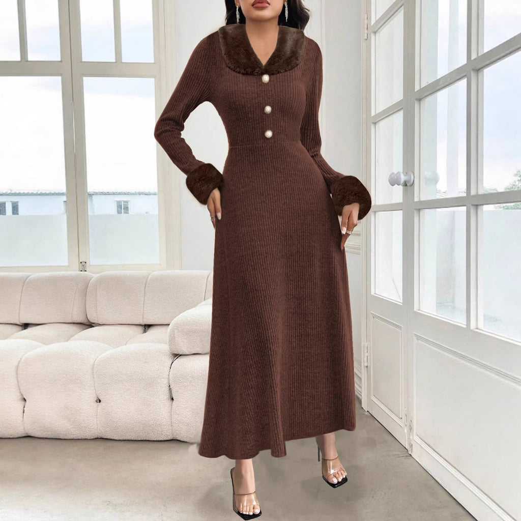 Winter Elegant Fur Collar Stitching Large Slim Dress