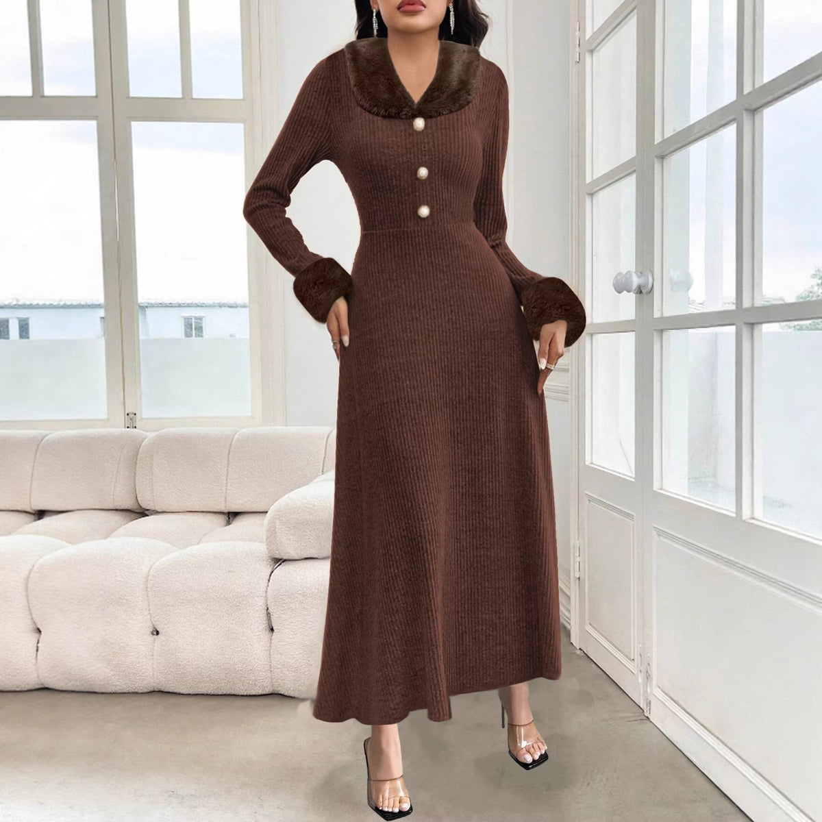 Winter Elegant Fur Collar Stitching Large Slim Dress