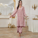 Autumn Middle East Muslim Saudi Casual V-Neck Printing Long-Sleeve Two-Piece Set