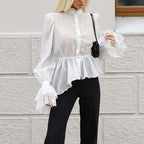 Women's French Gentle Tencel Long Sleeve Waist Tight Puff Sleeve Top Women Blouse For Commuting