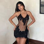 Mesh Lace Transparent Suspender Leather Hip Dress