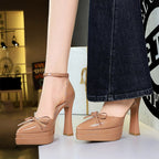 Women's Double Layer Waterproof Platform Super High Heel Buckle Bow Patent Leather