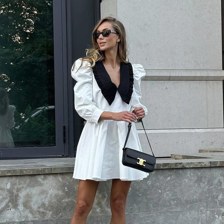 Black White Contrast Doll Collar Short Dress