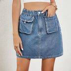 Women's Spring Summer Washed Elastic Waist Denim Skirt
