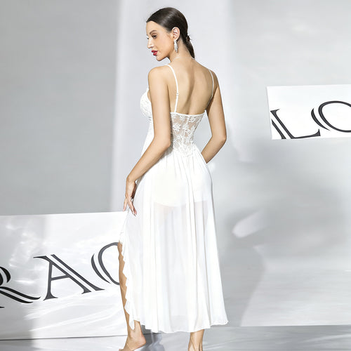 Summer Thin Sheer Mesh Maxi Dress Removable Chest Pad Lace V neck Ruffled Sleeping Dress Women
