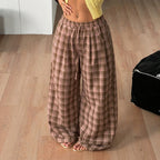 Women's Retro Plaid Wide-Leg Drawstring Pants