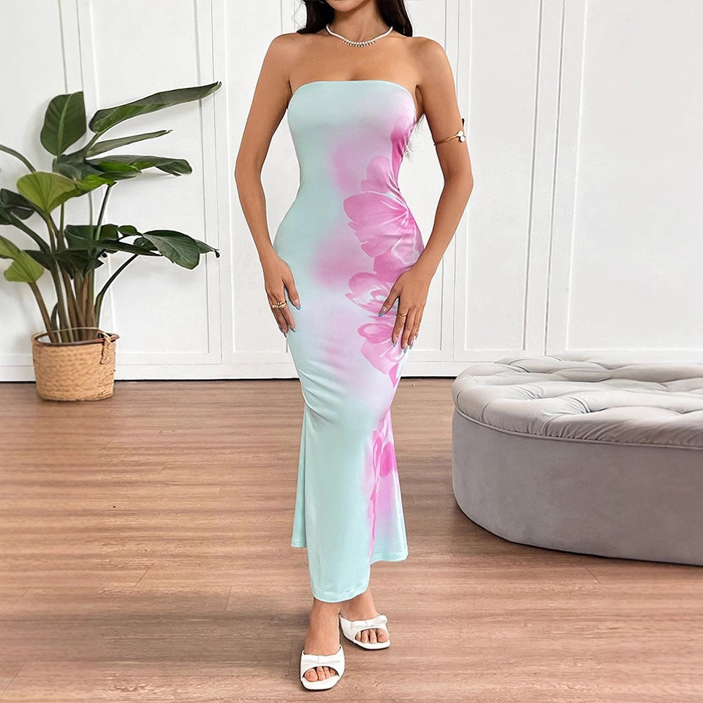 Floral Strapless Backless Bodycon Midi Dress