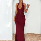 Women's Halter Sequin Boned Tie Bodycon Maxi Dress