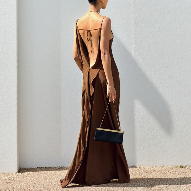Women's Satin V-Neck Backless Split Maxi Dress